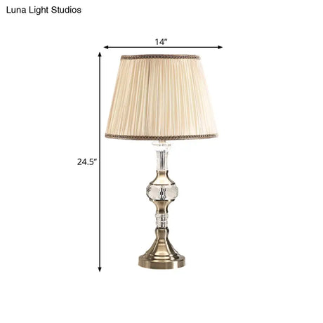 Traditional Beige Crystal Night Stand Lamp With Drum/Barrel Shade