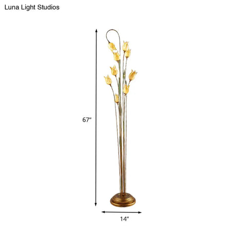 Traditional Beige Glass Floor Lamp With 9 Lights - Flower Living Room Stand-Up In Brass