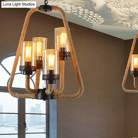 Traditional Beige Pendant Chandelier With 4 Lights And Rope-Glass Cylinder Design