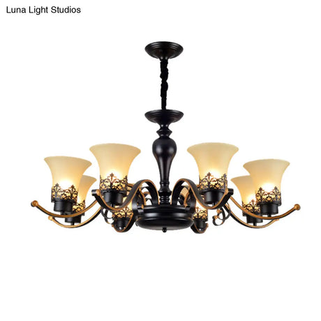 Traditional Bell Frosted Glass Chandelier Pendant Light For Living Room - Black 3/6/8 Lights