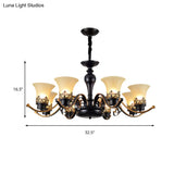 Traditional Bell Frosted Glass Chandelier Pendant Light For Living Room - Black 3/6/8 Lights