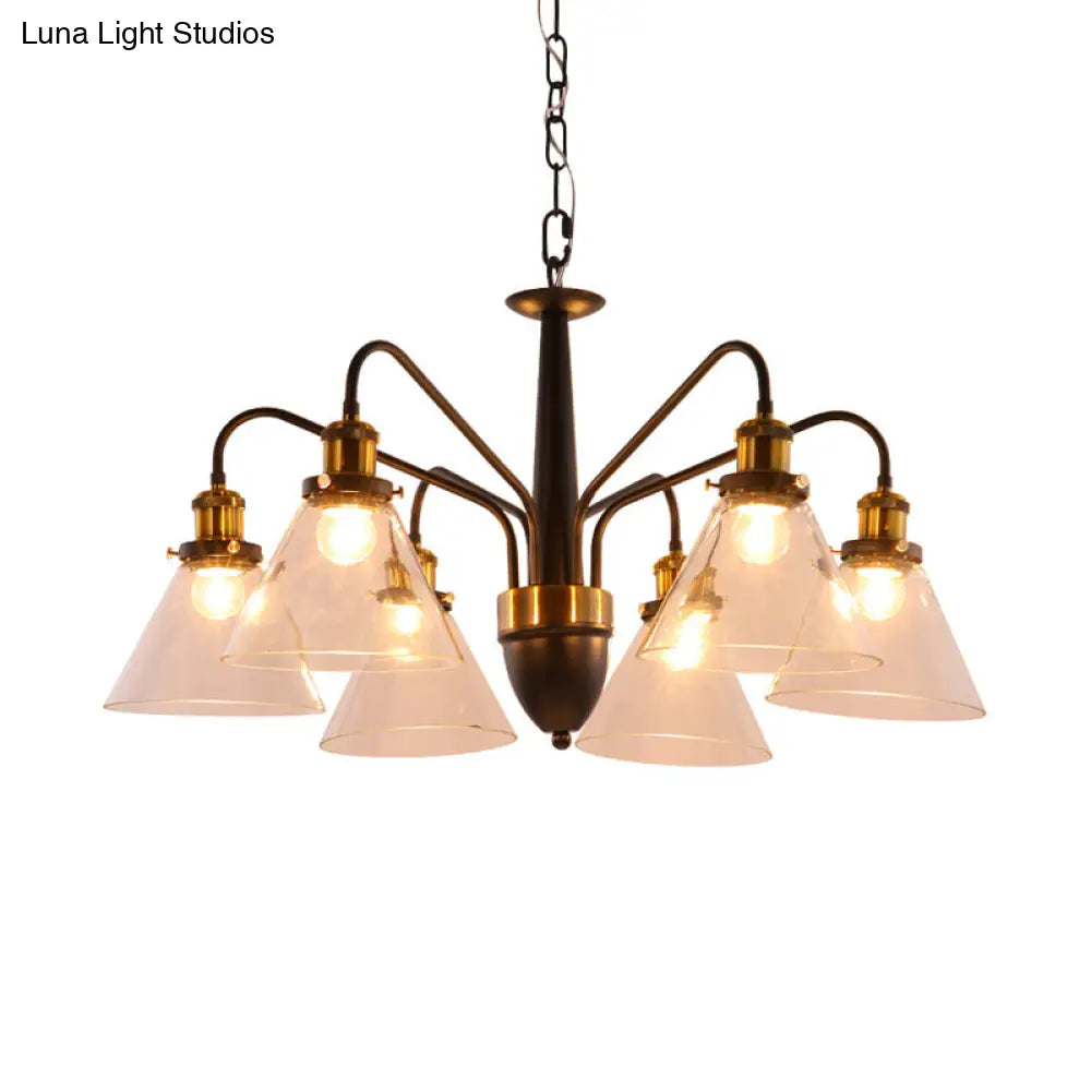 Traditional Black And Gold 3/5/6-Light Conical Chandelier Pendant With Clear Glass Shade
