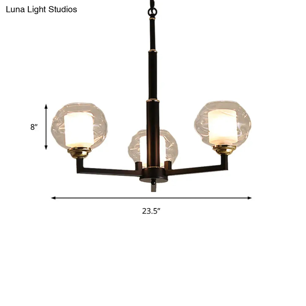 Traditional Black Ceiling Lamp - 3/6/8 Bulbs Clear Textured Glass Living Room Pendant Light