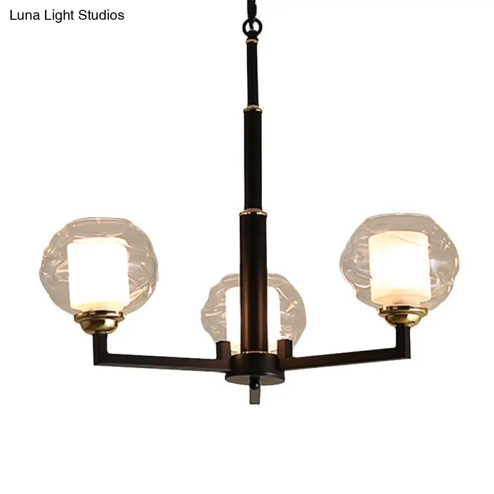 Traditional Black Ceiling Lamp - 3/6/8 Bulbs Clear Textured Glass Living Room Pendant Light