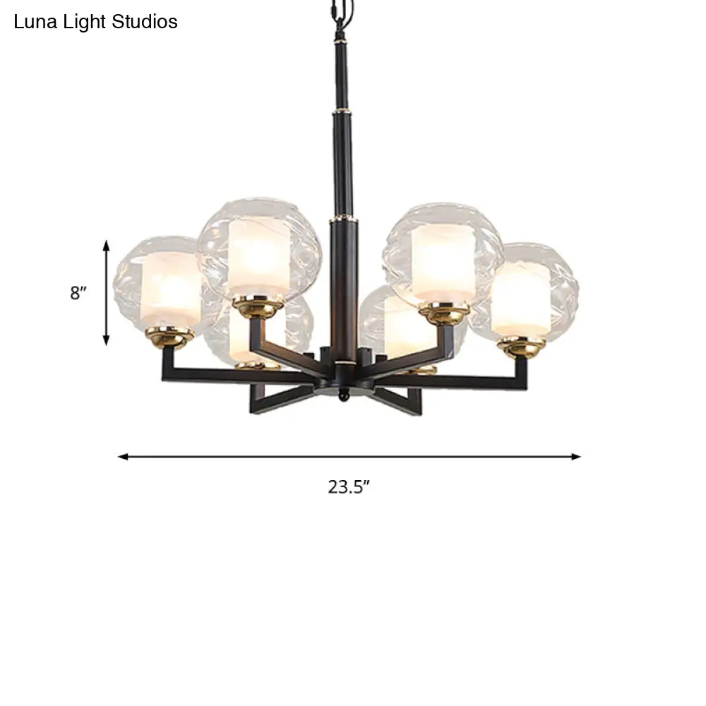 Traditional Black Ceiling Lamp - 3/6/8 Bulbs Clear Textured Glass Living Room Pendant Light