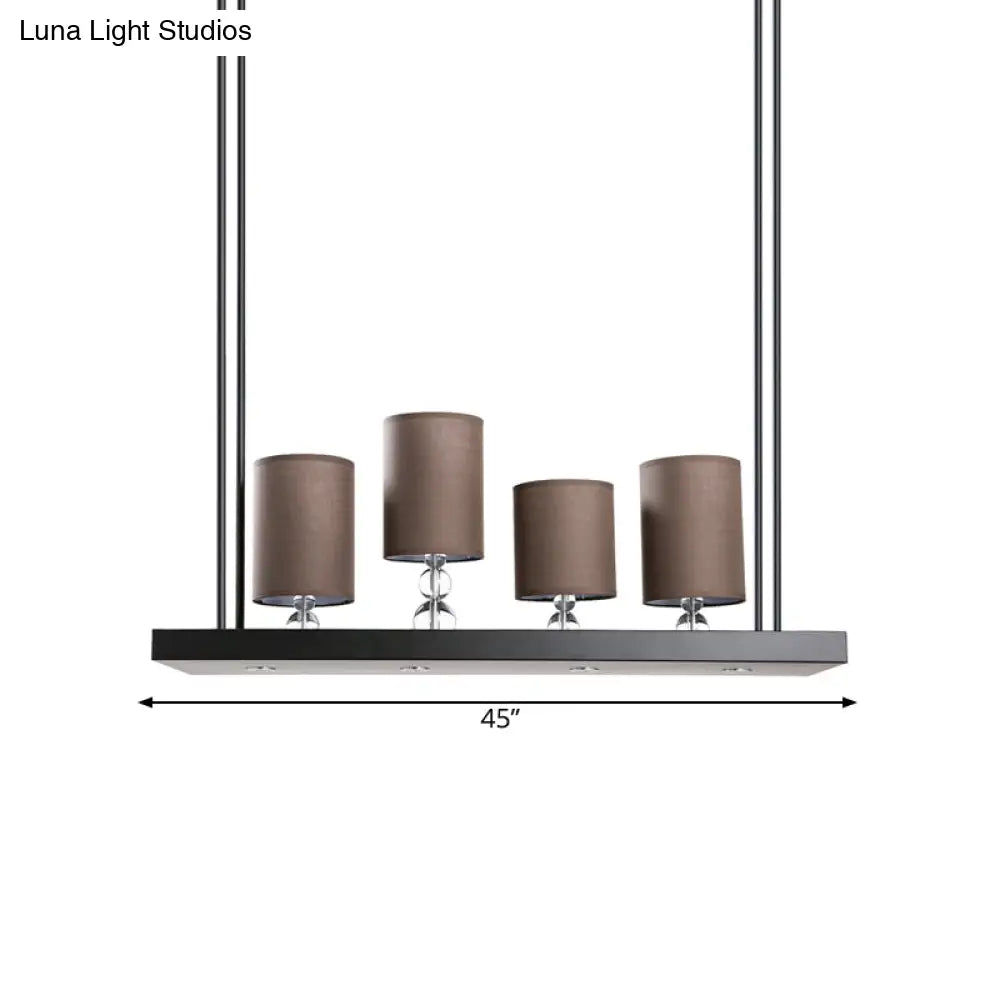 Traditional Black Cylinder Island Light Fixture: Fabric Pendant With Metal Linear Shelf - 4-Bulb