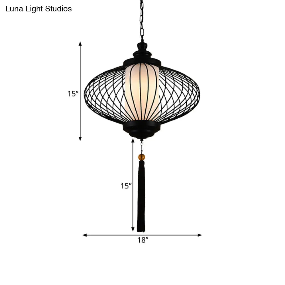 Traditional Black Fabric Lantern Pendulum Ceiling Lamp 12/14/16 Wide