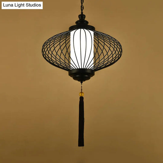 Traditional Black Fabric Lantern Pendulum Ceiling Lamp 12/14/16 Wide