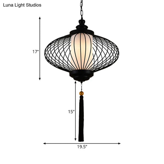 Traditional Black Fabric Lantern Pendulum Ceiling Lamp 12/14/16 Wide