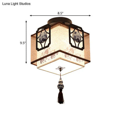 Traditional Black Flush Mount Ceiling Light With Square Fabric Shade