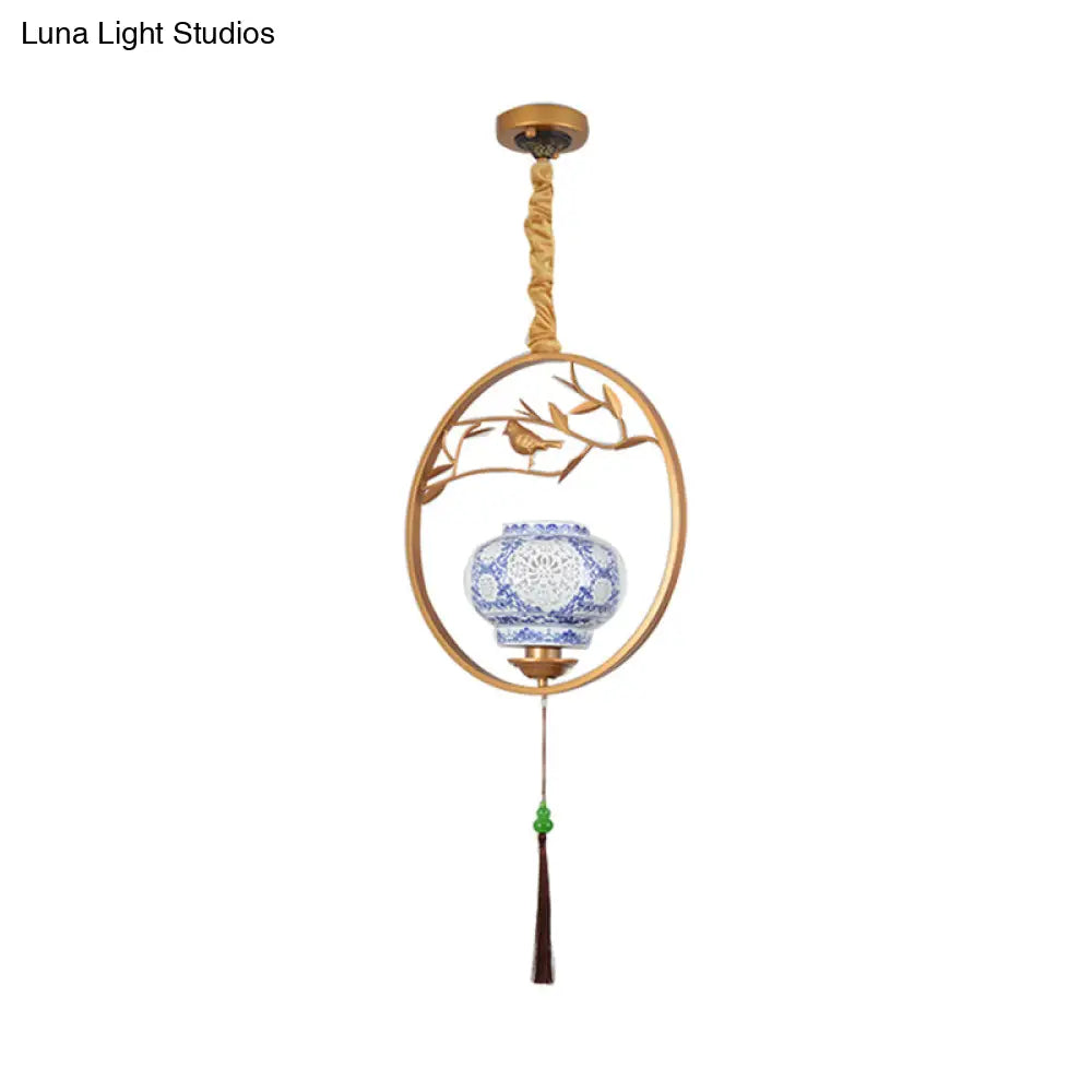 Traditional Black/Gold Metal Birdcage Pendant Light For Tea Room - 1-Light Suspension Ceiling