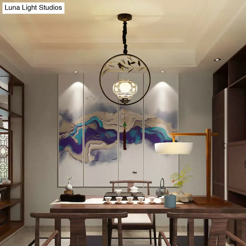 Traditional Black/Gold Metal Birdcage Pendant Light For Tea Room - 1-Light Suspension Ceiling