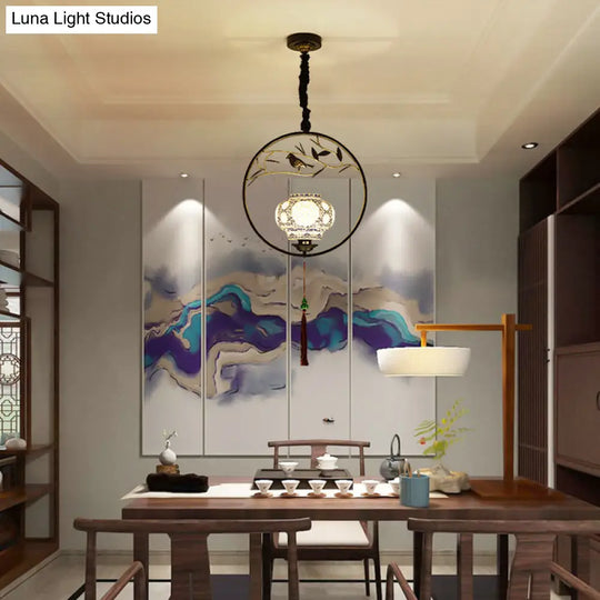 Traditional Black/Gold Metal Birdcage Pendant Light For Tea Room - 1-Light Suspension Ceiling