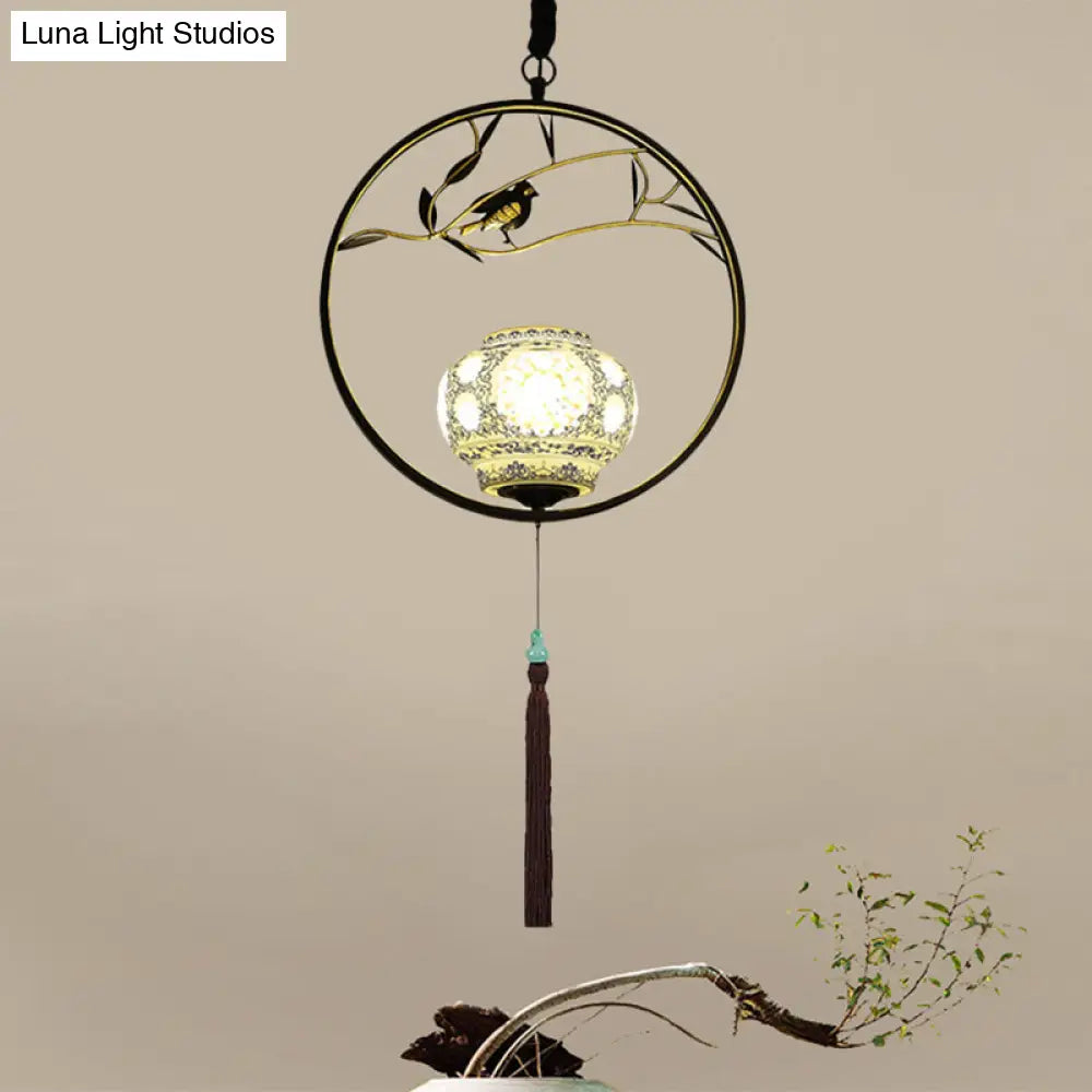 Traditional Black/Gold Metal Birdcage Pendant Light For Tea Room - 1-Light Suspension Ceiling
