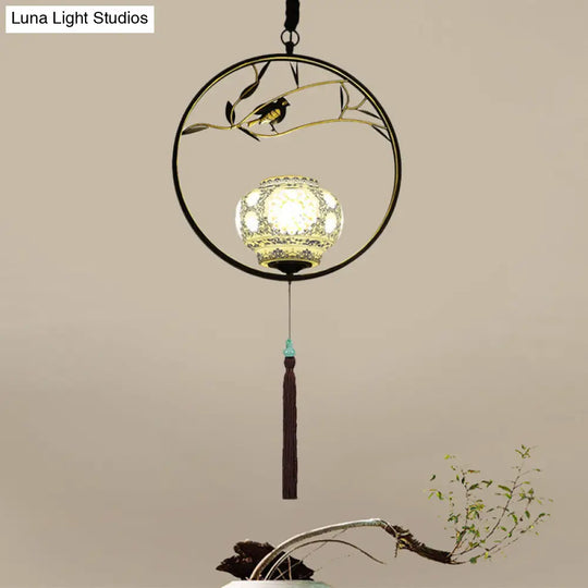 Traditional Black/Gold Metal Birdcage Pendant Light For Tea Room - 1-Light Suspension Ceiling