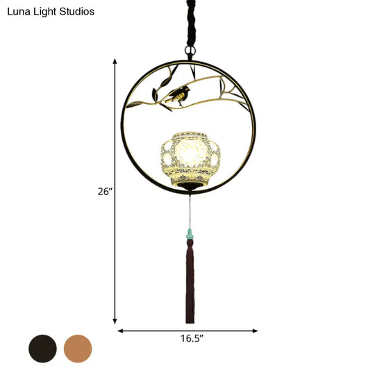 Traditional Black/Gold Metal Birdcage Pendant Light For Tea Room - 1-Light Suspension Ceiling