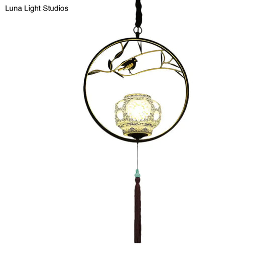 Traditional Black/Gold Metal Birdcage Pendant Light For Tea Room - 1-Light Suspension Ceiling