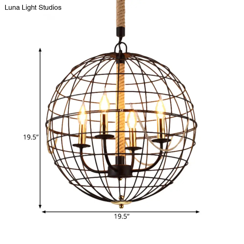Traditional Black Metal Pendant Chandelier With Globe Cage - 3/4 Lights Ideal For Living Room