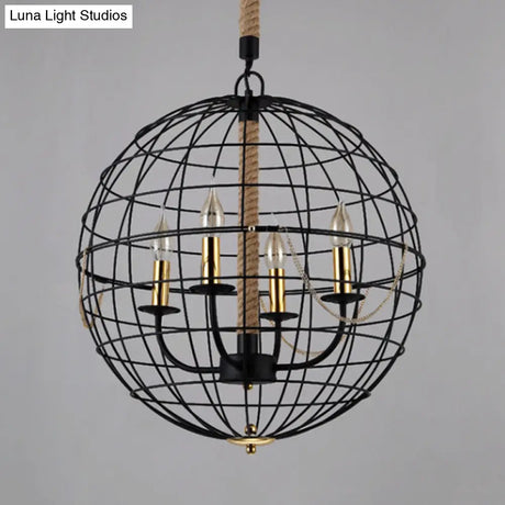 Traditional Black Metal Pendant Chandelier With Globe Cage - 3/4 Lights Ideal For Living Room