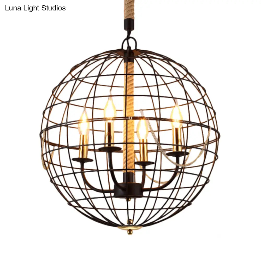 Traditional Black Metal Pendant Chandelier With Globe Cage - 3/4 Lights Ideal For Living Room