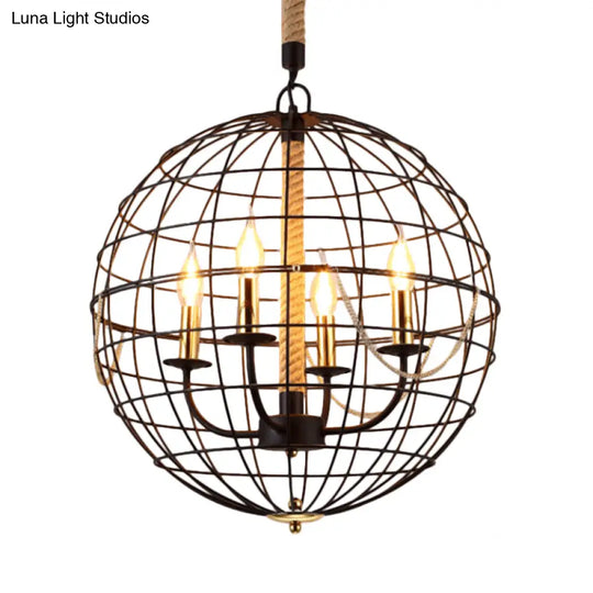 Traditional Black Metal Pendant Chandelier With Globe Cage - 3/4 Lights Ideal For Living Room