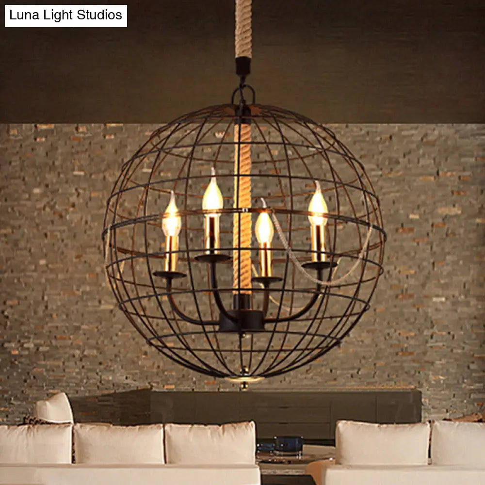 Traditional Black Metal Pendant Chandelier With Globe Cage - 3/4 Lights Ideal For Living Room