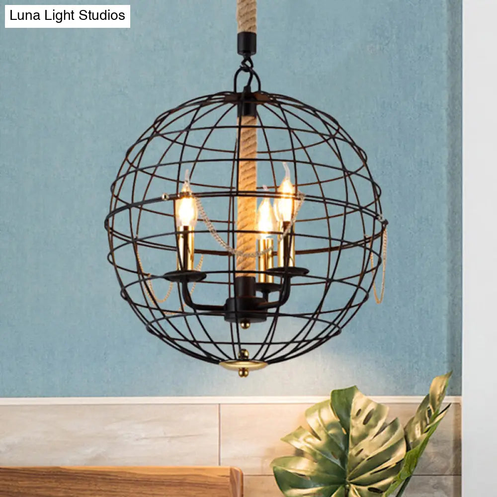Traditional Black Metal Pendant Chandelier With Globe Cage - 3/4 Lights Ideal For Living Room