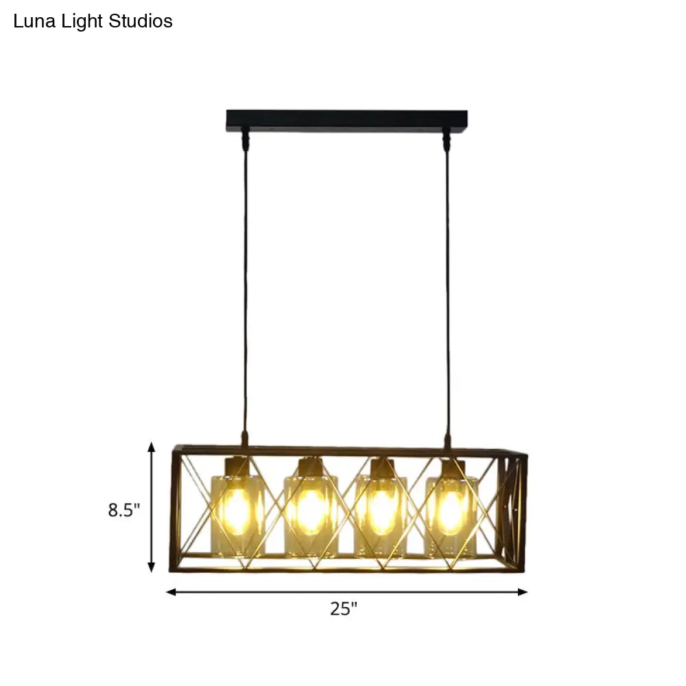 Traditional Black Metal Pendant Island Light With Cross Framed Box Design - Ideal For Dining Room