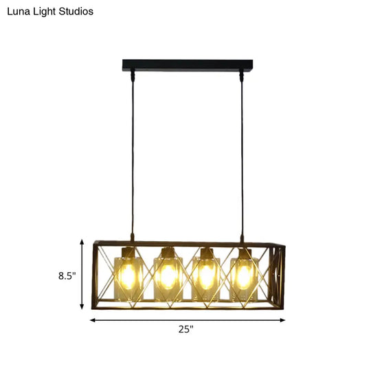 Traditional Black Metal Pendant Island Light With Cross Framed Box Design - Ideal For Dining Room