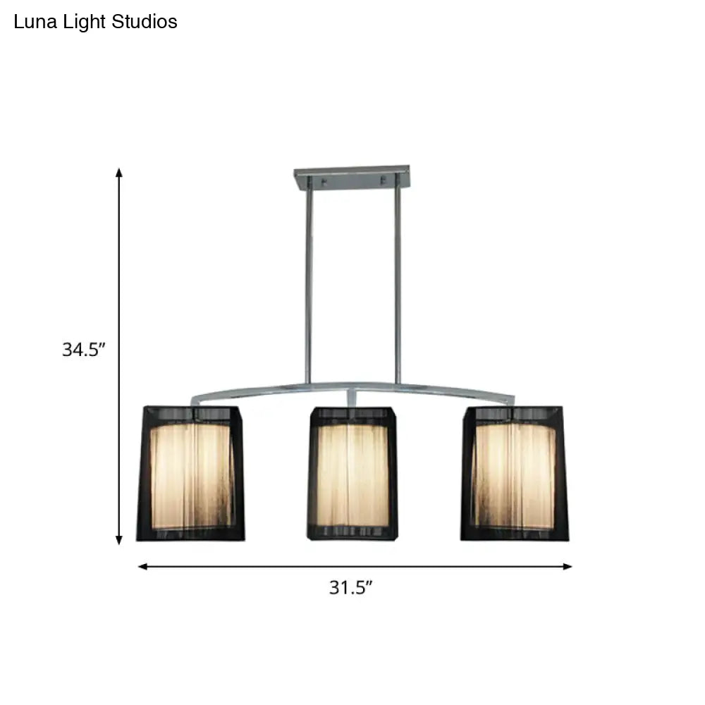 Traditional Black Pendant Light With Rectangular Fabric Shade - 3-Light Dining Room Island Lighting