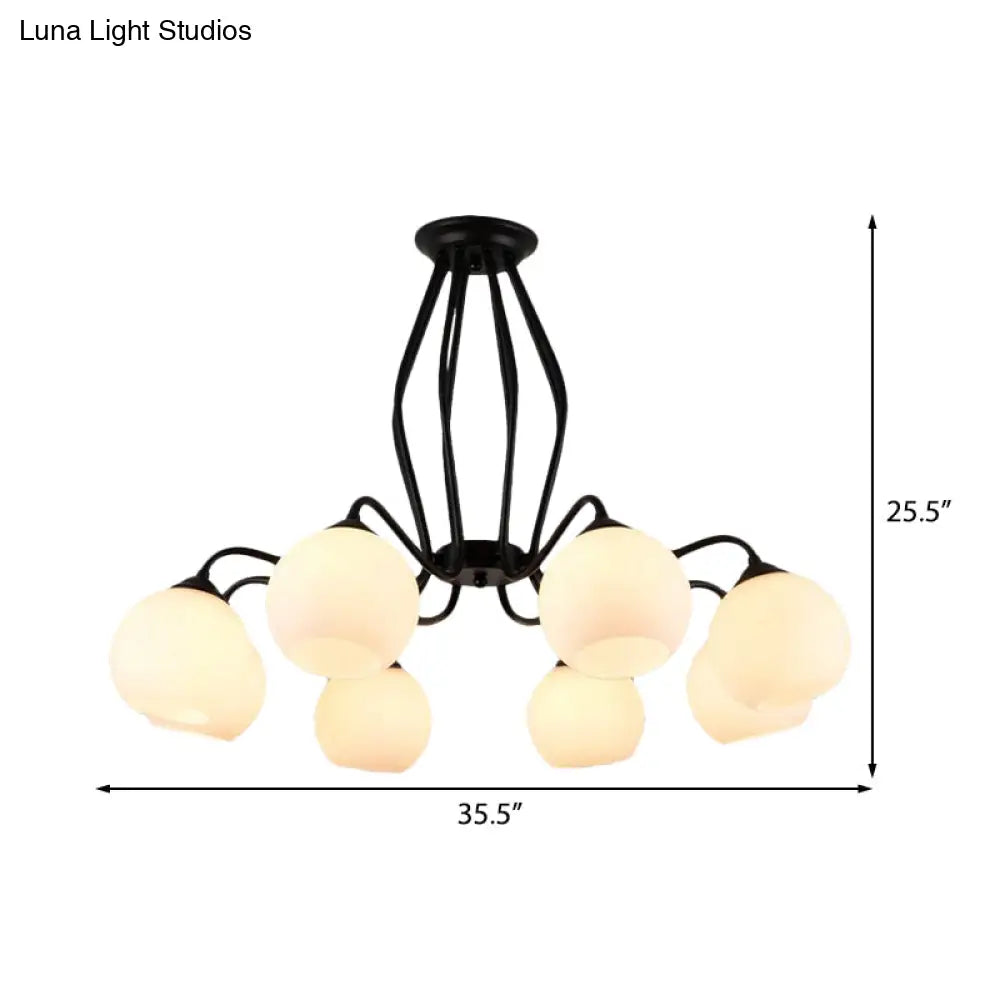 Traditional Black Semi Flush Ceiling Light Fixture With White Glass Shades - 3/6/8 Lights For