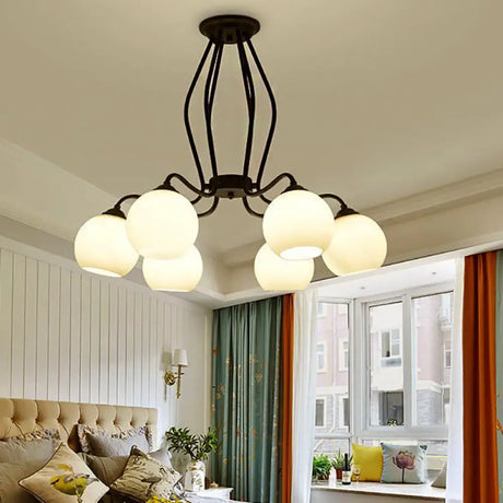 Traditional Black Semi Flush Ceiling Light Fixture With White Glass Shades - 3/6/8 Lights For