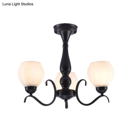 Traditional Black Semi Flush Ceiling Light With White Glass Shades - 3/5/6 Lights