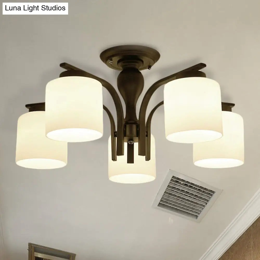 Traditional Black Semi Flush Mount Ceiling Light With Frosted Cylinder Glass Shades - Ideal For