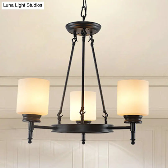 Traditional Black Wheel Chandelier With Frosted Glass Shades - 3/6 Lights Elegant Hanging Ceiling