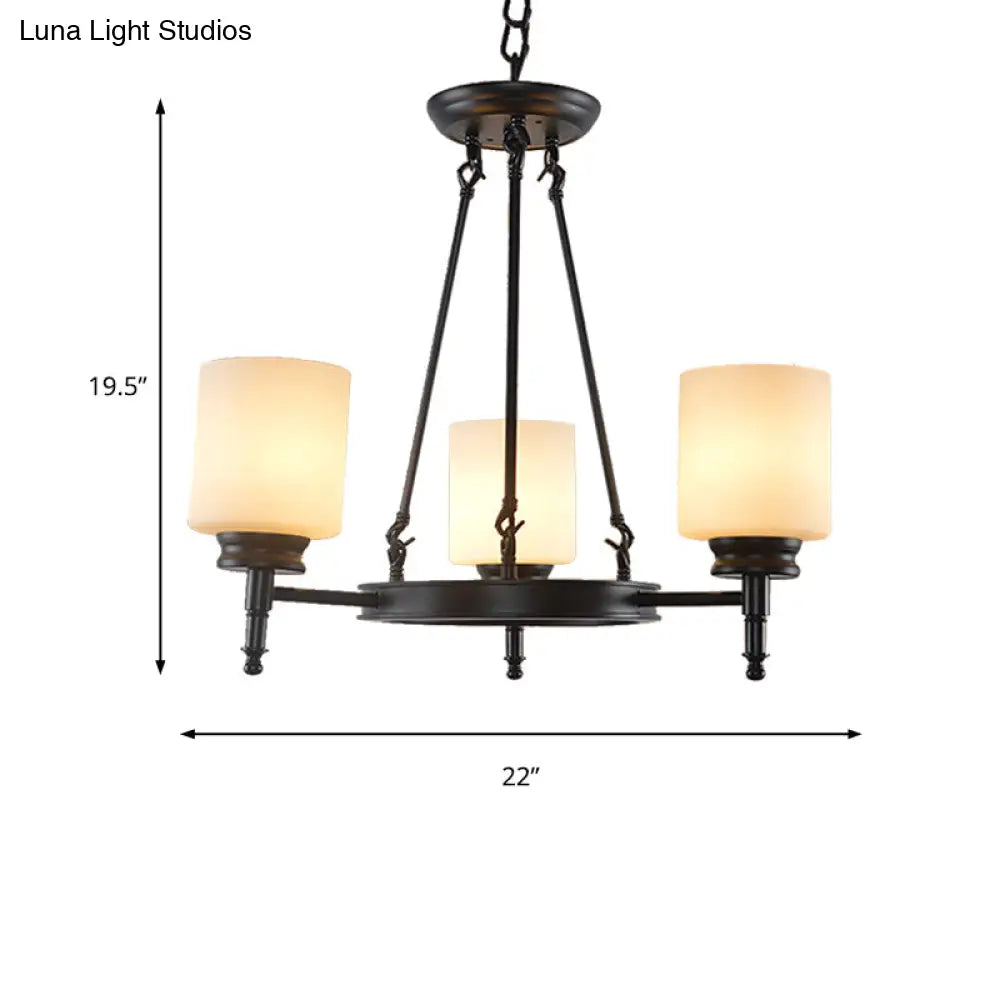 Traditional Black Wheel Chandelier With Frosted Glass Shades - 3/6 Lights Elegant Hanging Ceiling