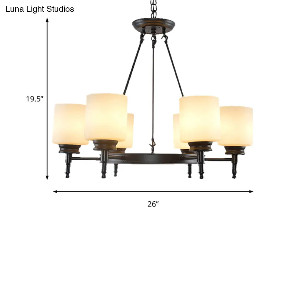 Traditional Black Wheel Chandelier With Frosted Glass Shades - 3/6 Lights Elegant Hanging Ceiling