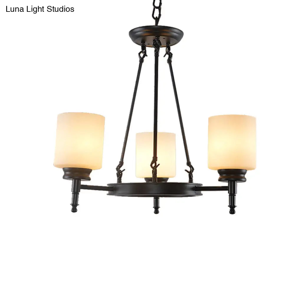 Traditional Black Wheel Chandelier With Frosted Glass Shades - 3/6 Lights Elegant Hanging Ceiling