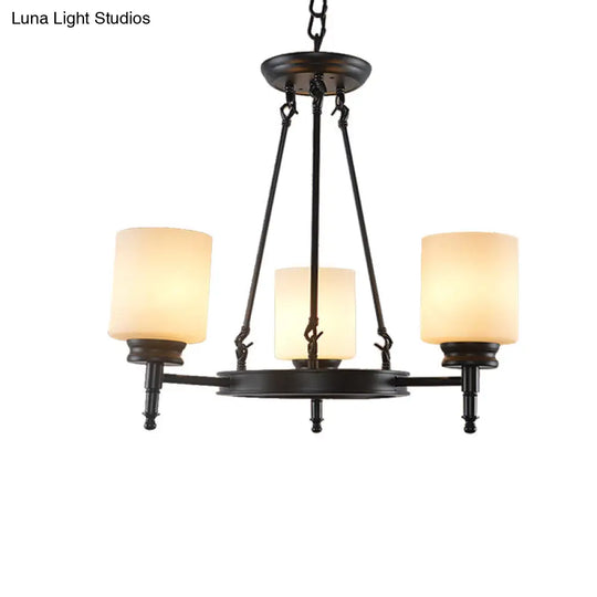 Traditional Black Wheel Chandelier With Frosted Glass Shades - 3/6 Lights Elegant Hanging Ceiling