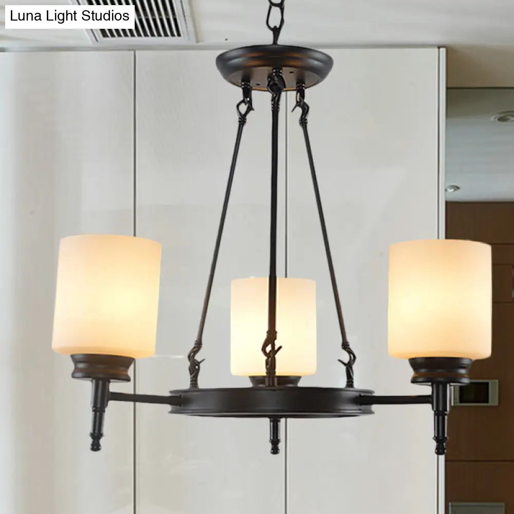 Traditional Black Wheel Chandelier With Frosted Glass Shades - 3/6 Lights Elegant Hanging Ceiling