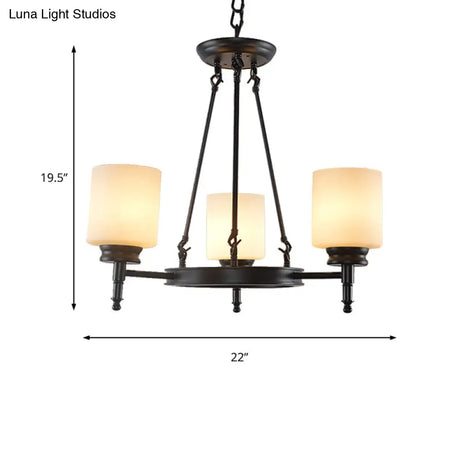 Traditional Black Wheel Chandelier With Frosted Glass Shades - 3/6 Lights Elegant Hanging Ceiling