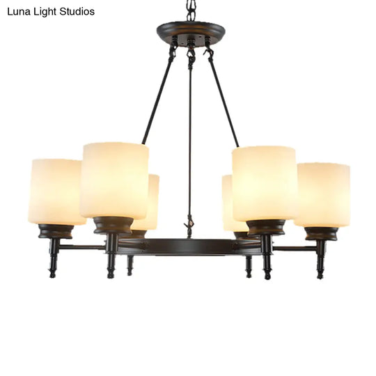 Traditional Black Wheel Chandelier With Frosted Glass Shades - 3/6 Lights Elegant Hanging Ceiling