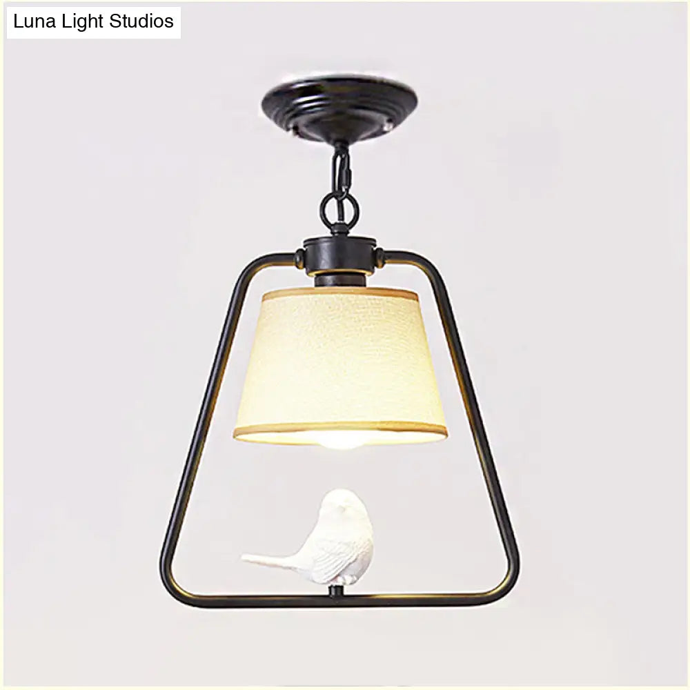 Traditional Black/White Cone Pendant Ceiling Light With Bird Detail For Living Room