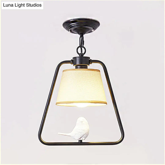 Traditional Black/White Cone Pendant Ceiling Light With Bird Detail For Living Room