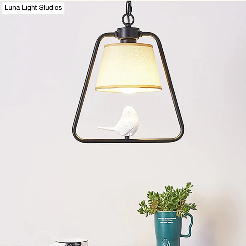 Traditional Black/White Cone Pendant Ceiling Light With Bird Detail For Living Room