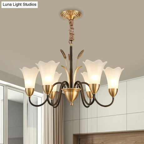 Traditional Blossom Chandelier Lamp - Cream Glass Suspension Lighting Fixture With Curved Arm In
