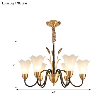 Traditional Blossom Chandelier Lamp - Cream Glass Suspension Lighting Fixture With Curved Arm In