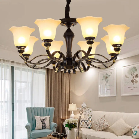 Traditional Blossom Chandelier - White Frosted Glass Ceiling Lamp Fixture In Black 8 /