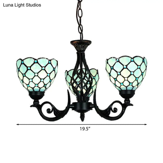 Blue Glass Bowl Chandelier With Bead Details - Traditional 3-Light Indoor Lighting For Foyer