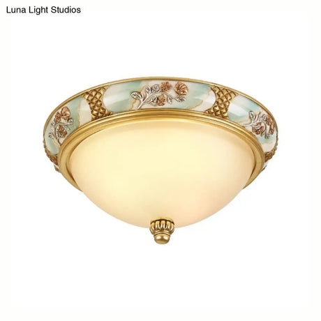 Traditional Brass Bowl Shaped Flushmount Light - Frosted Glass 3 Lights 15’/19’ Wide